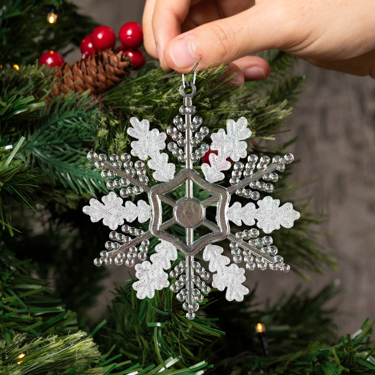 Copo de Nieve, Ornamento Navideño Plástico y Glitter, Color Blanco