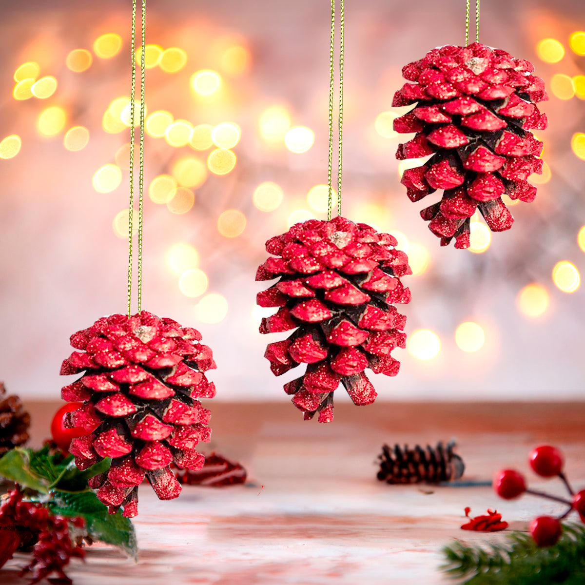 Ornamentos, Piñas Navideñas, Color Rojo