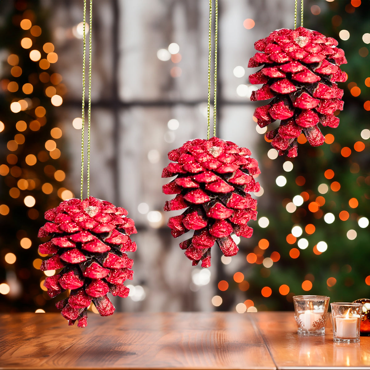 Ornamentos, Piñas Navideñas, Color Rojo