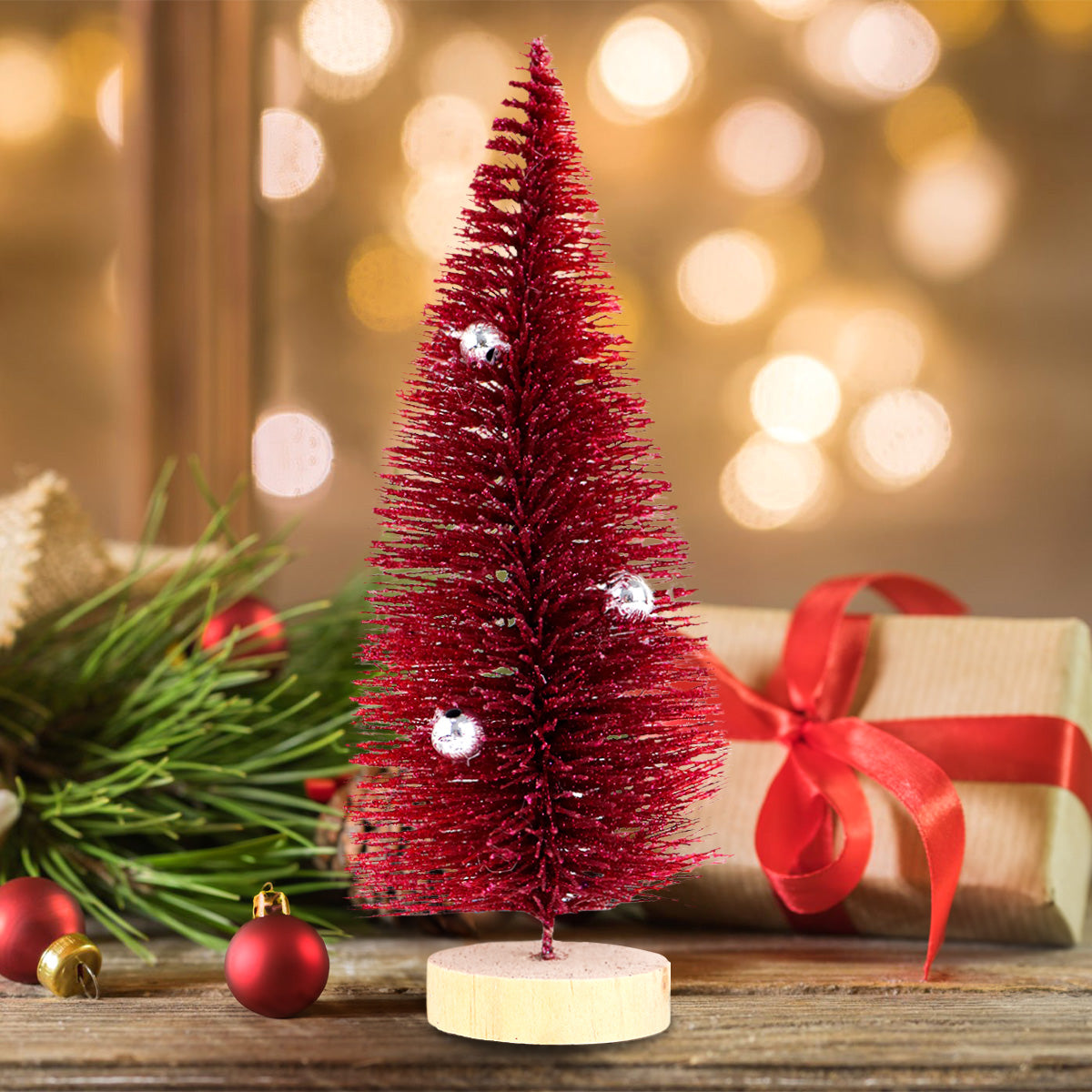 Mini Pino Brillante de Navidad con Esferas, Color Rojo