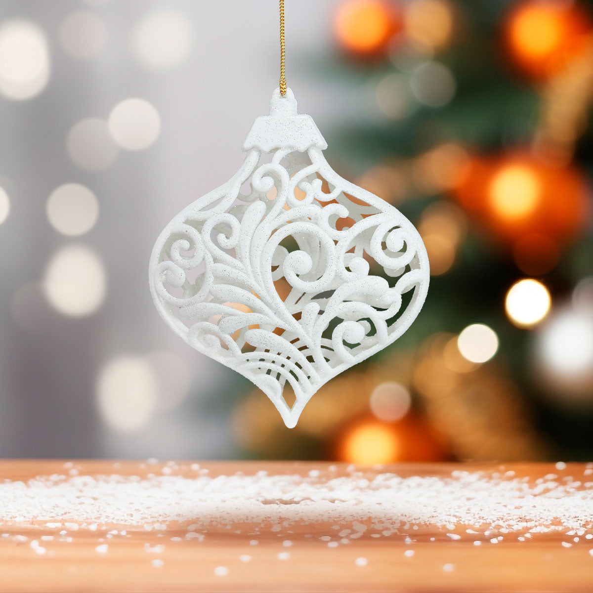 Esfera Ornamento Navideño con Glitter, Color Blanco, 17 cm