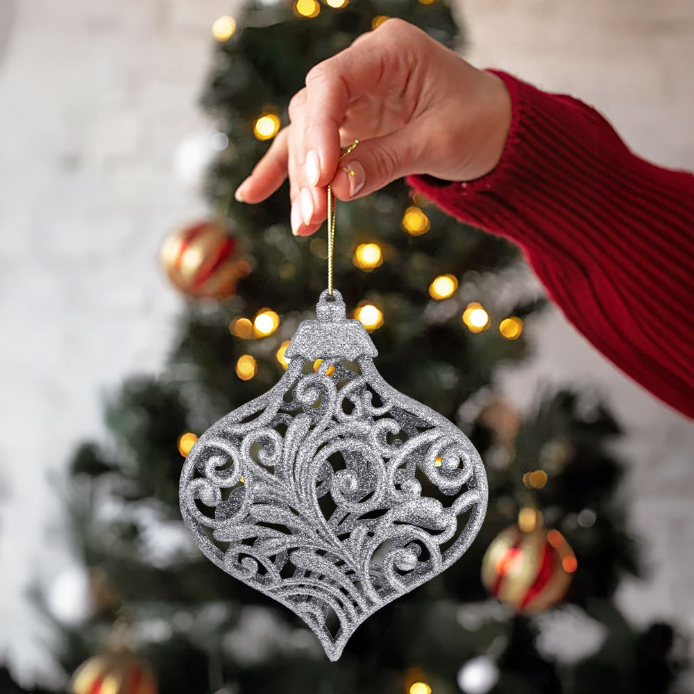 Esfera Ornamento Navideño con Glitter, Color Plata, 17 cm