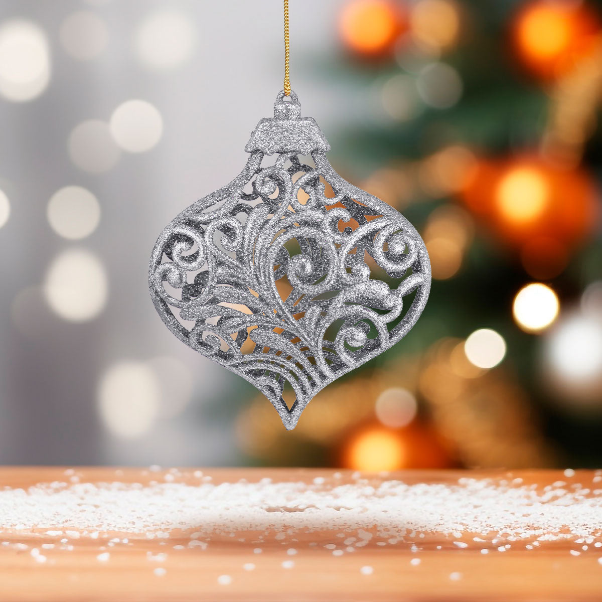 Esfera Ornamento Navideño con Glitter, Color Plata, 17 cm
