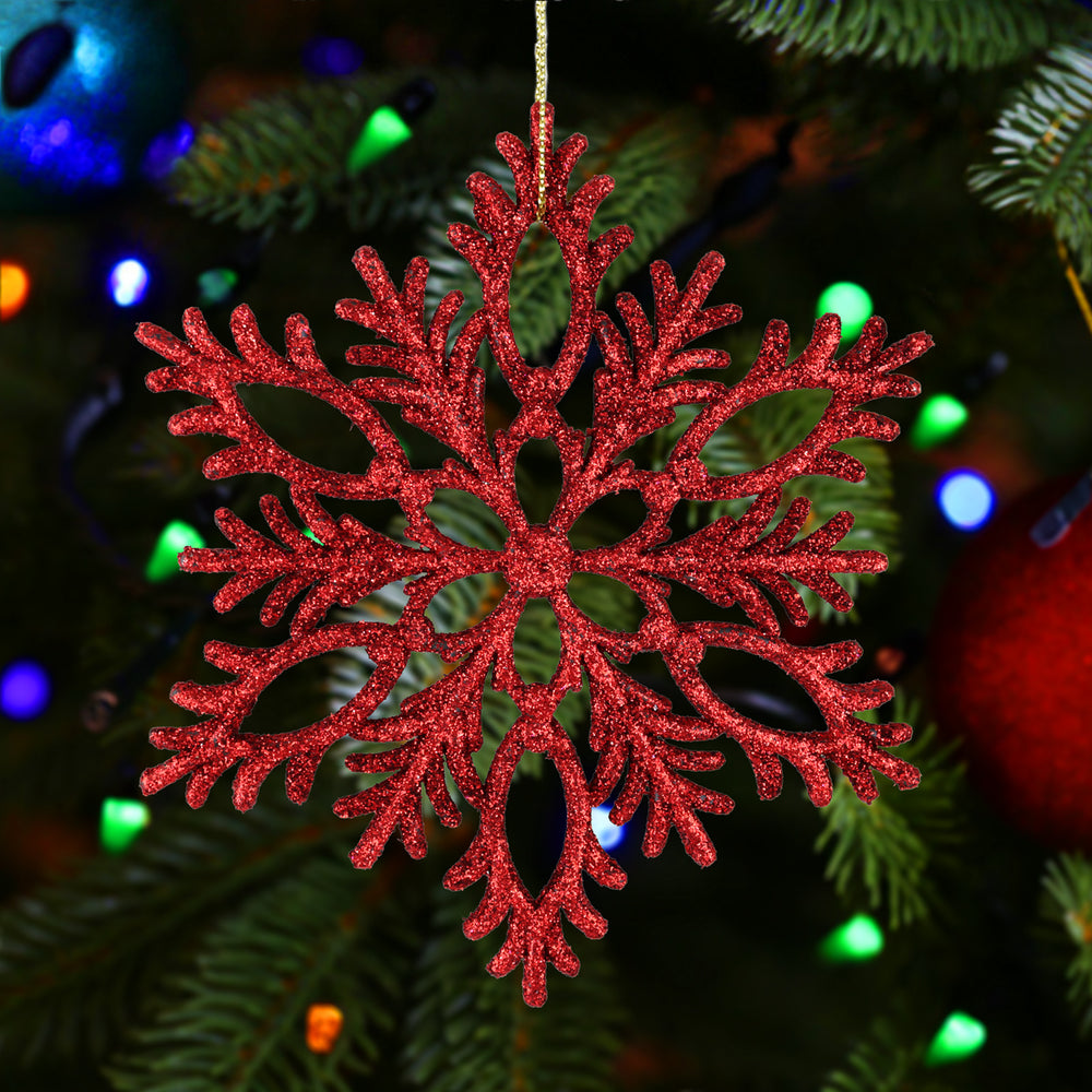 Copo de Nieve, Ornamento Navideño con Glitter, Color Rojo