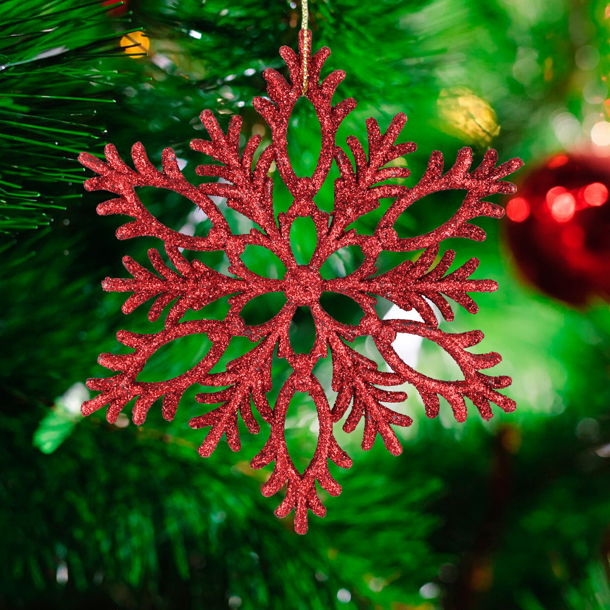 Copo de Nieve, Ornamento Navideño con Glitter, Color Rojo