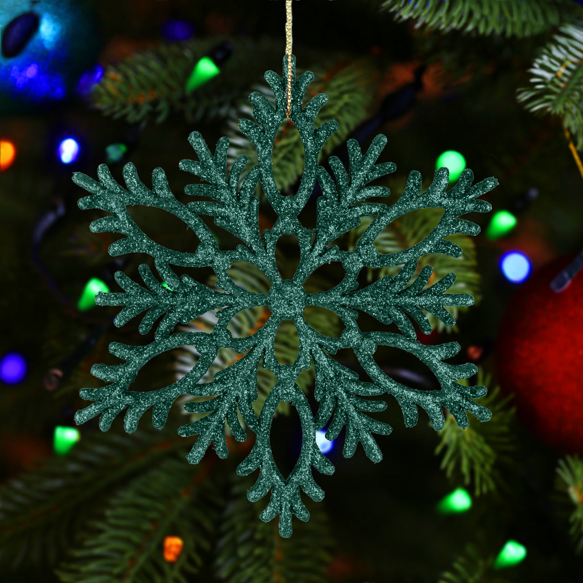 Copo de Nieve, Ornamento Navideño con Glitter, Color Verde