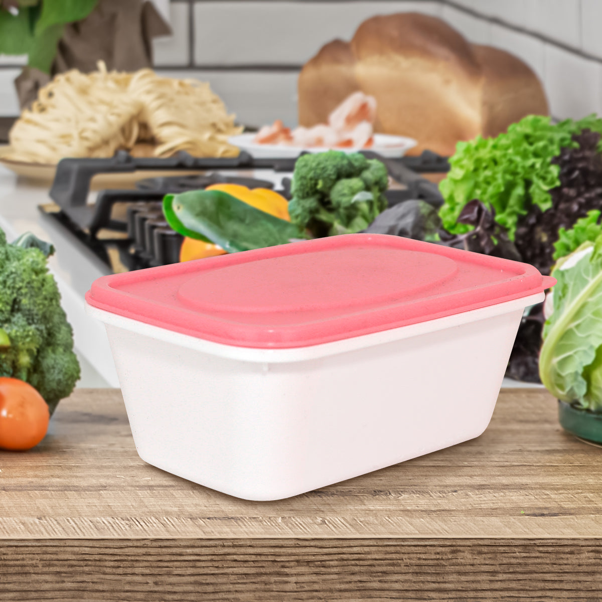 Contenedor Rectangular de Plástico color Blanco/Rosa para Alimentos, 520ml