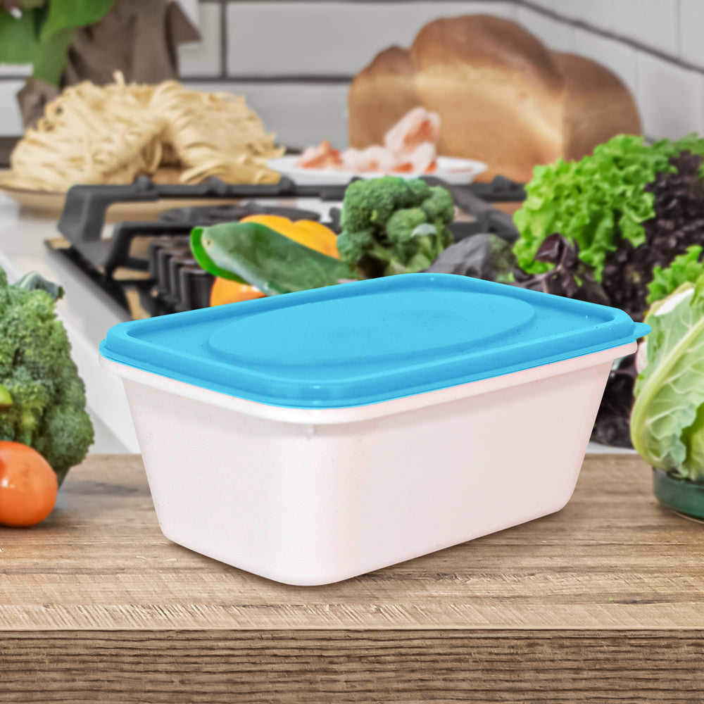Contenedor Rectangular de Plástico color Blanco/Azul para Alimentos, 520ml