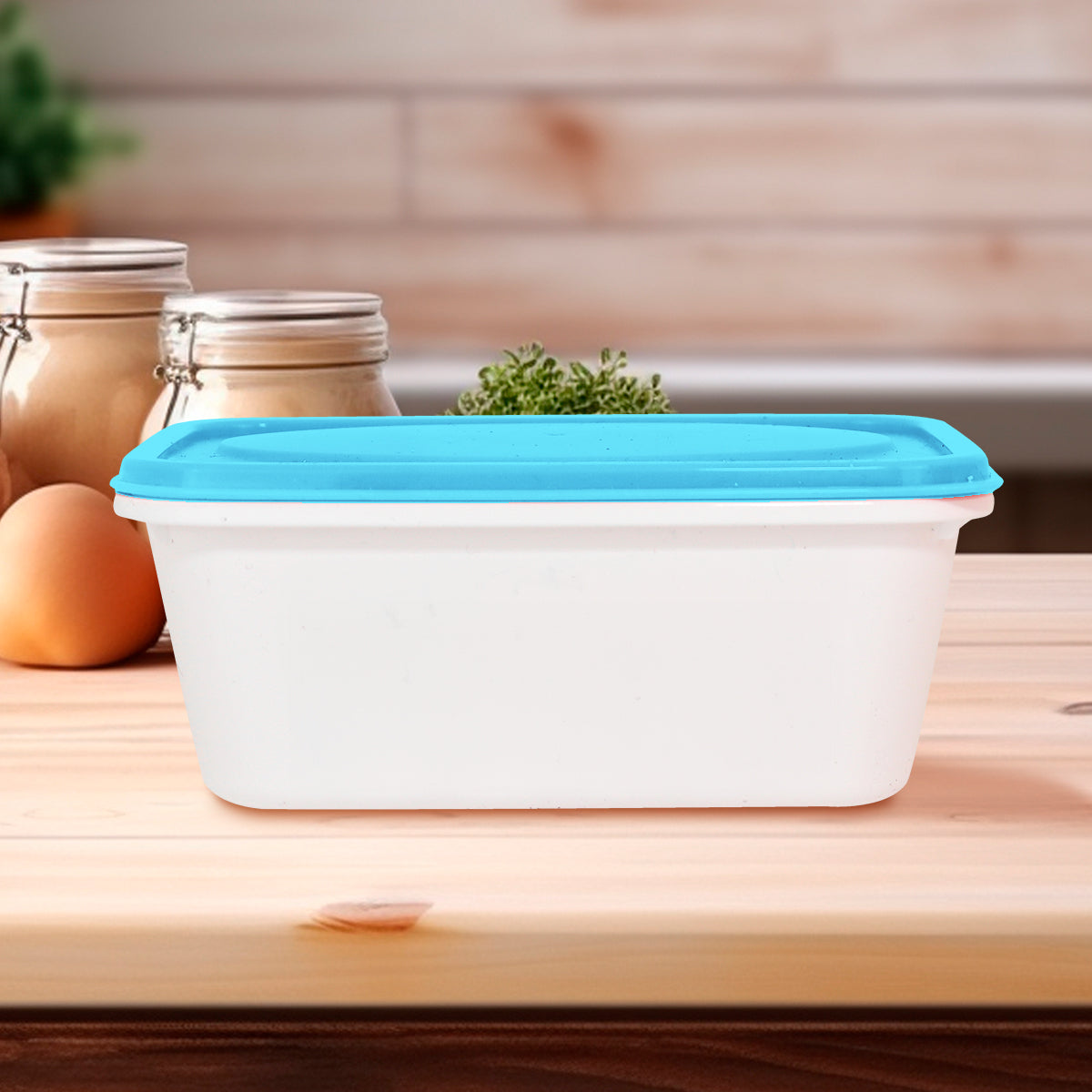 Contenedor Rectangular de Plástico color Blanco/Azul para Alimentos, 520ml