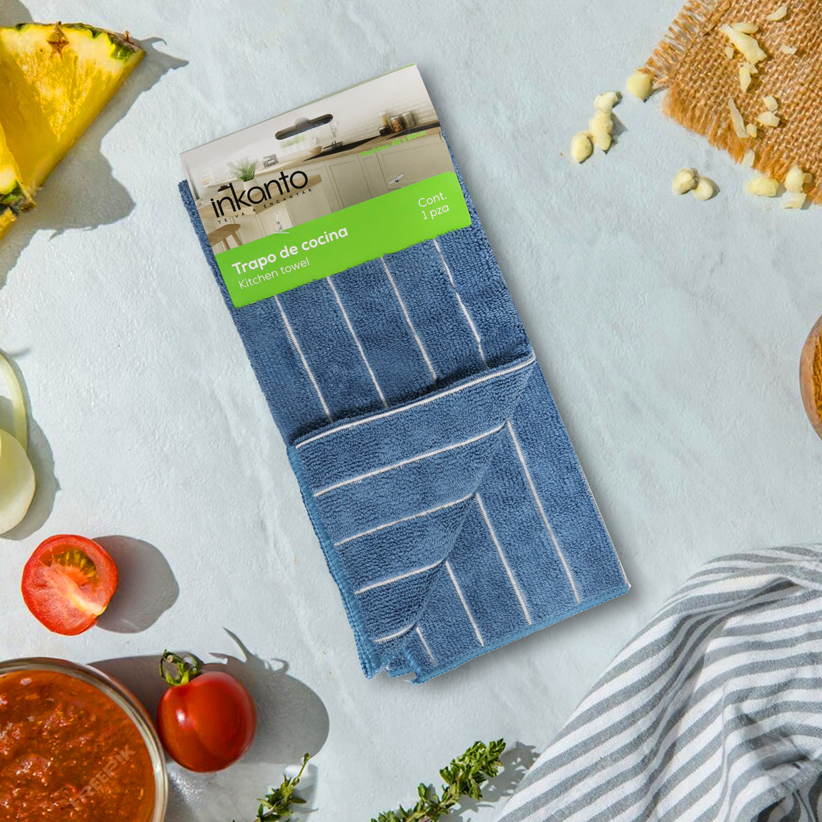 Trapo de Cocina, Diseño Líneas, Color Azul, 60x40 cm