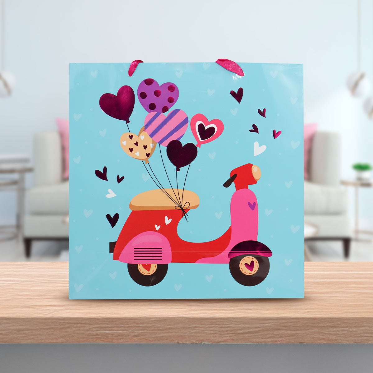 Bolsa Para Regalo Moto con Corazones, color Azul
