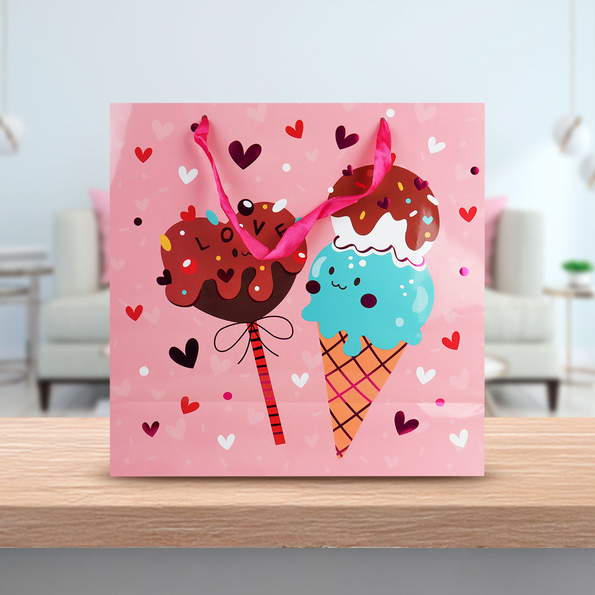 Bolsa Para Regalo Helado con Corazones, color Rosa