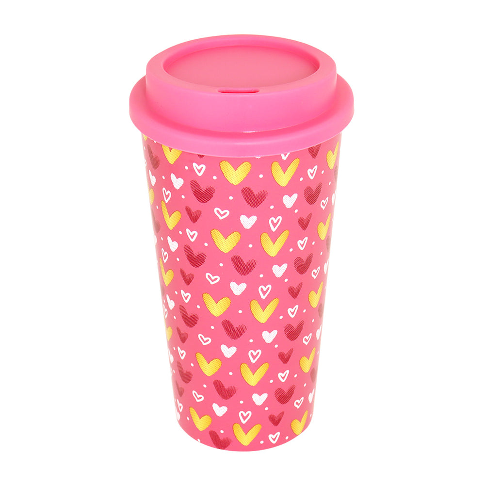 Vaso para Café con Diseño de Corazones y Tapa Rosa