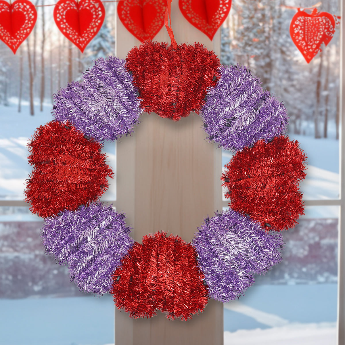 Circulo de Tinsel Decorativo, color Rojo con Lila