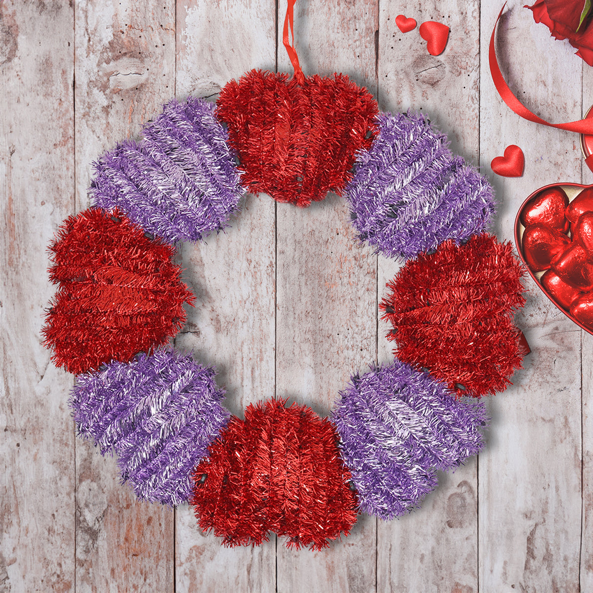 Circulo de Tinsel Decorativo, color Rojo con Lila