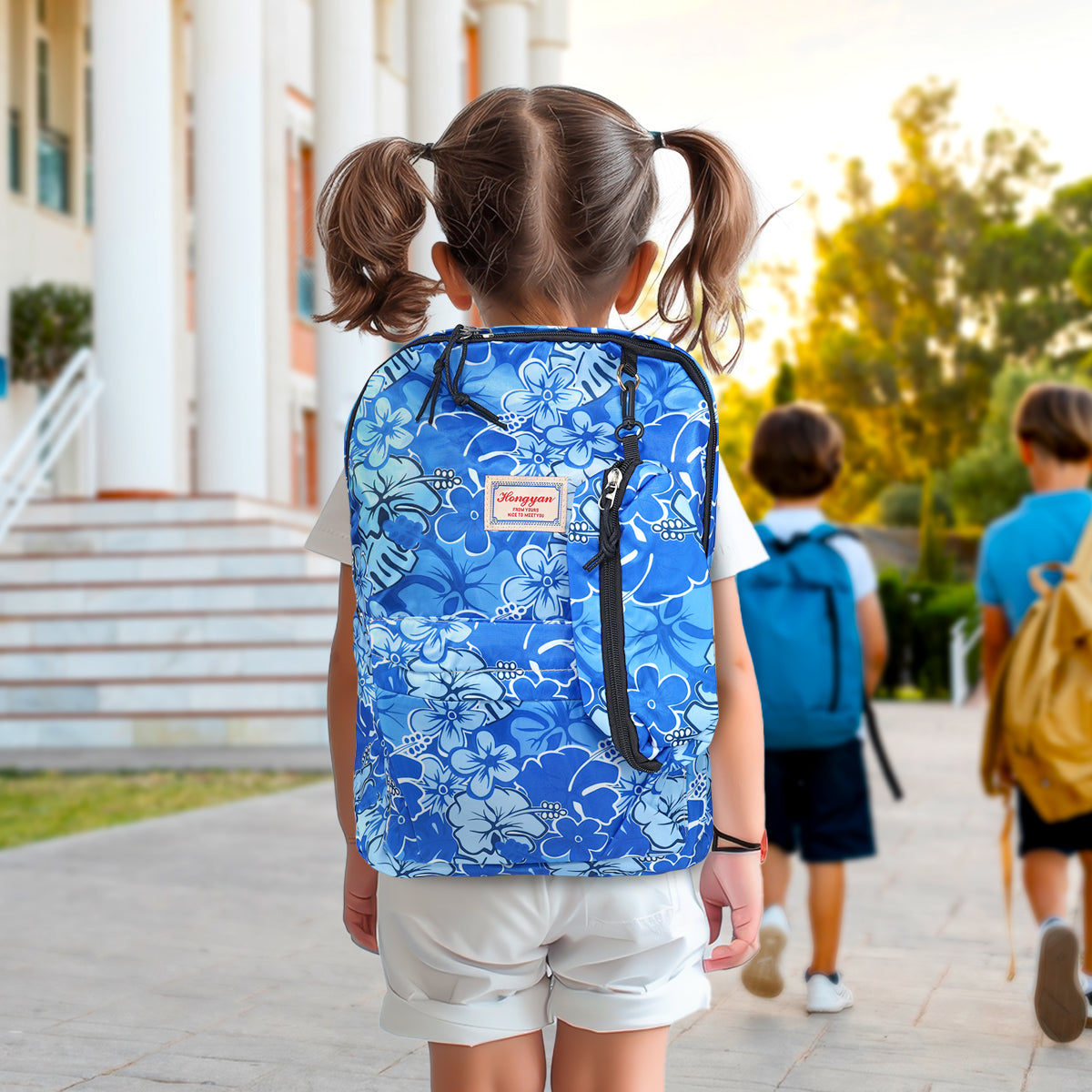 Mochila con Diseño de Flores, Color Azul