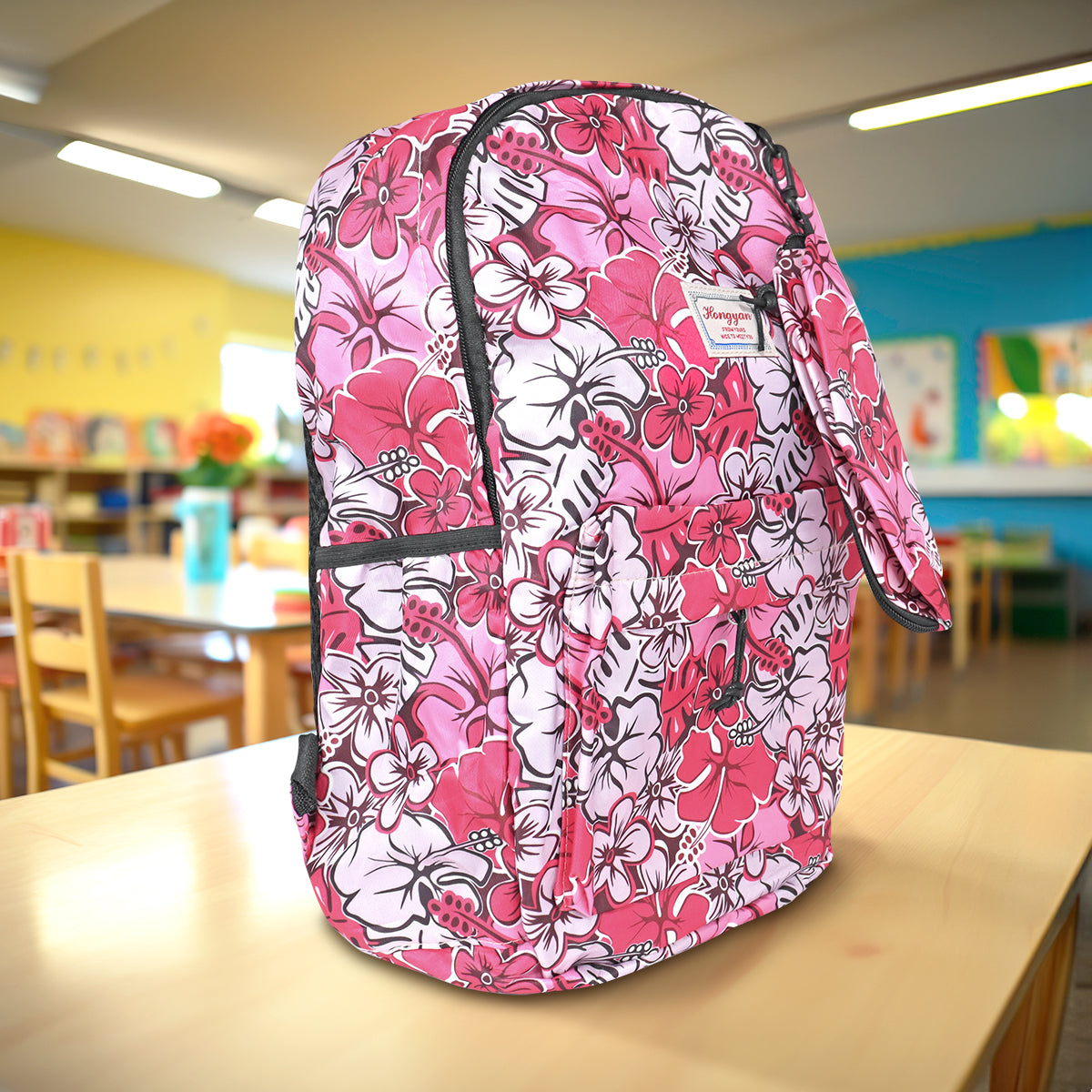 Mochila con Diseño de Flores, Color Rosa con Negro