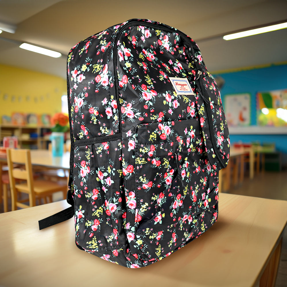 Mochila con Diseño de Flores, Color Negro