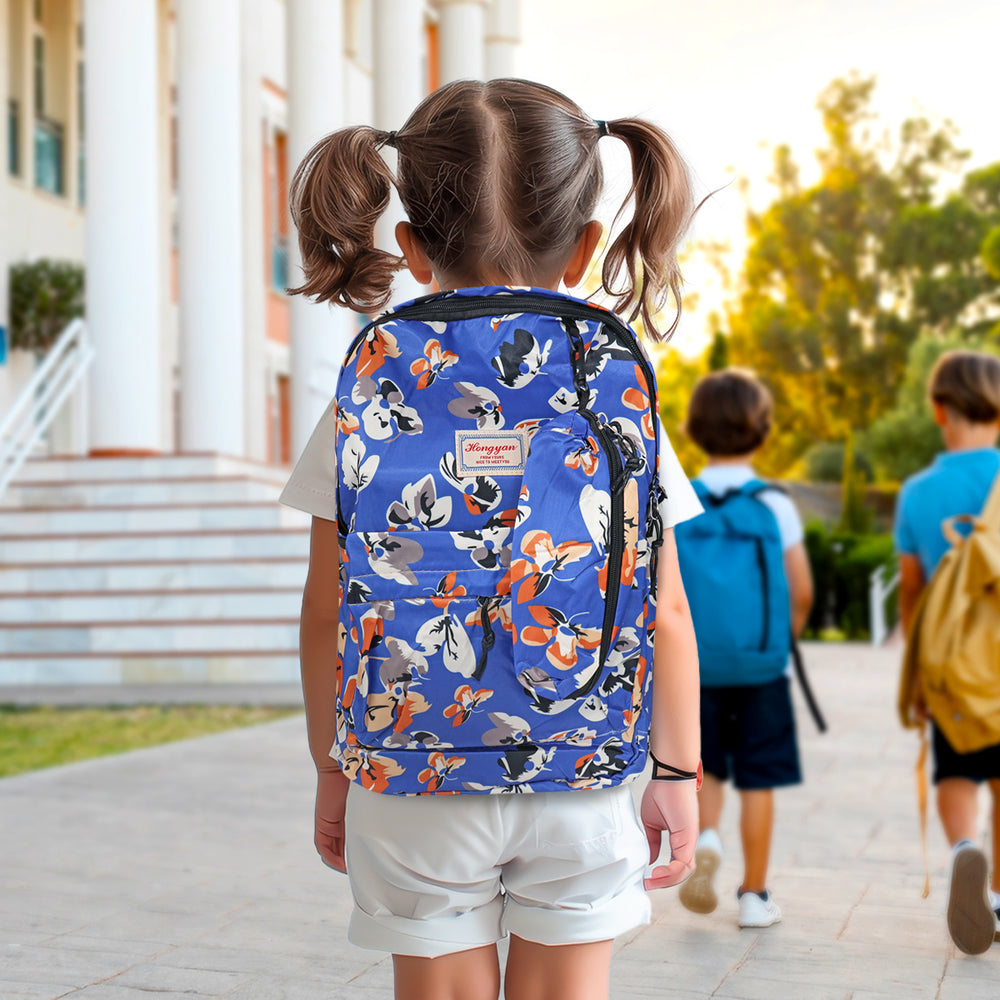 Mochila con Diseño de Flores, Color Azul con Gris