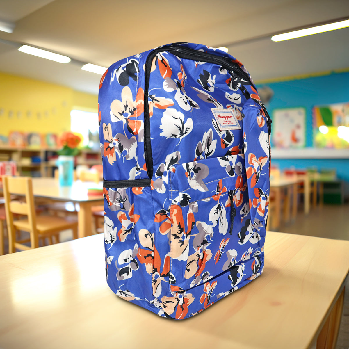 Mochila con Diseño de Flores, Color Azul con Gris