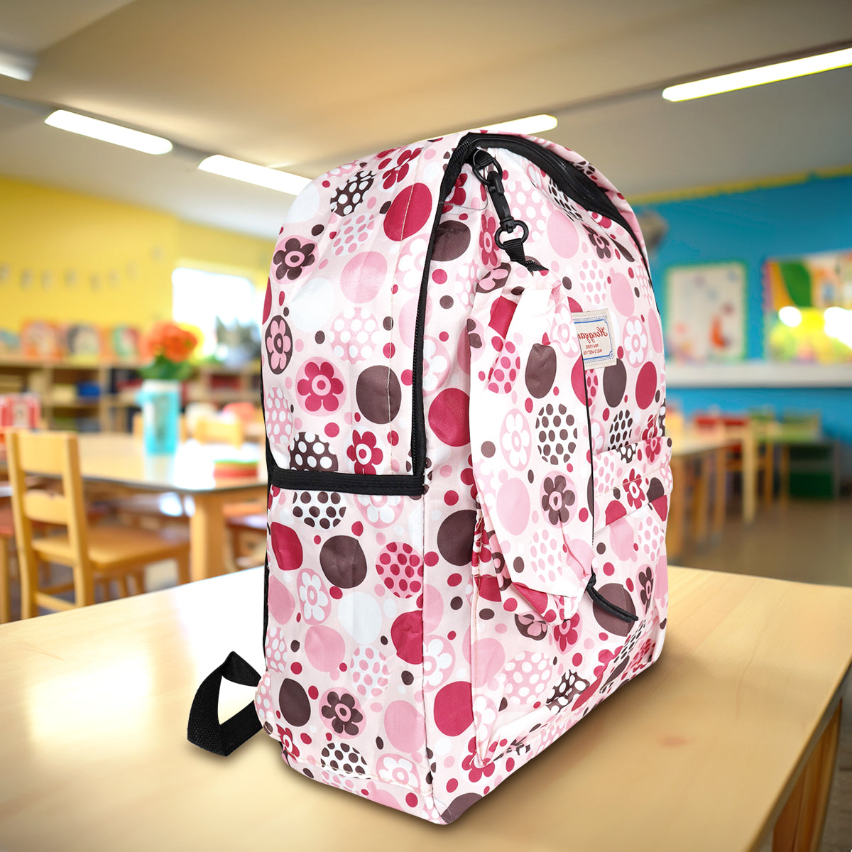 Mochila con Diseño de Flores, Color Rosa con Café