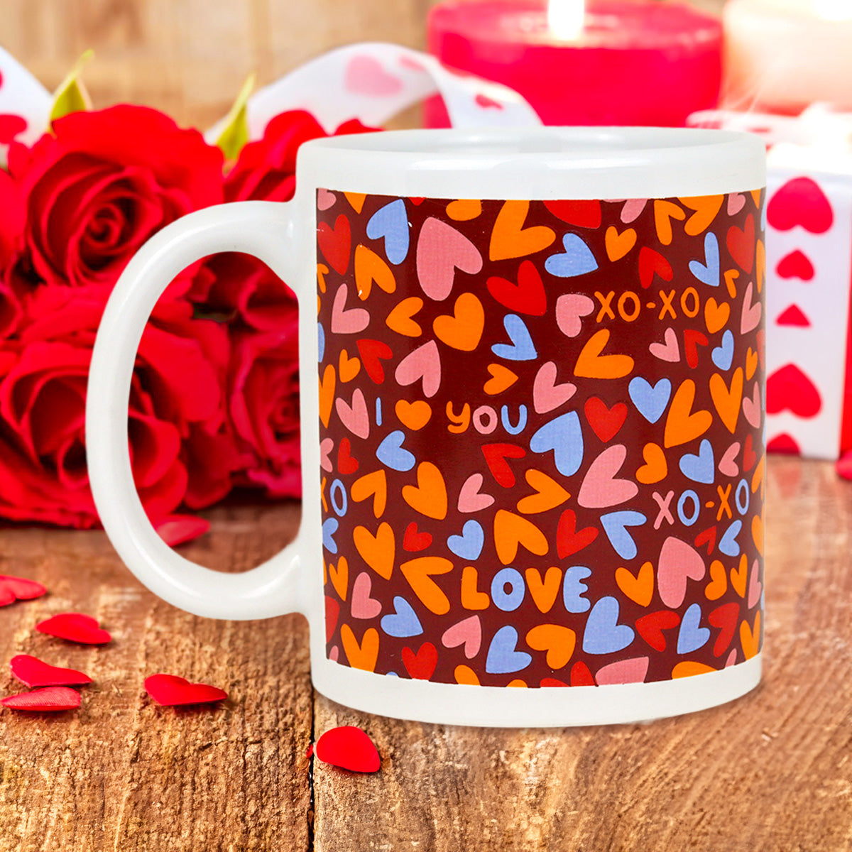 Taza de Cerámica con Estampado de Corazones Love, color Rojo