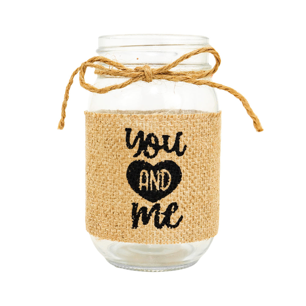 Mason Jar de Vidrio Decorado con Yute, "You and Me"