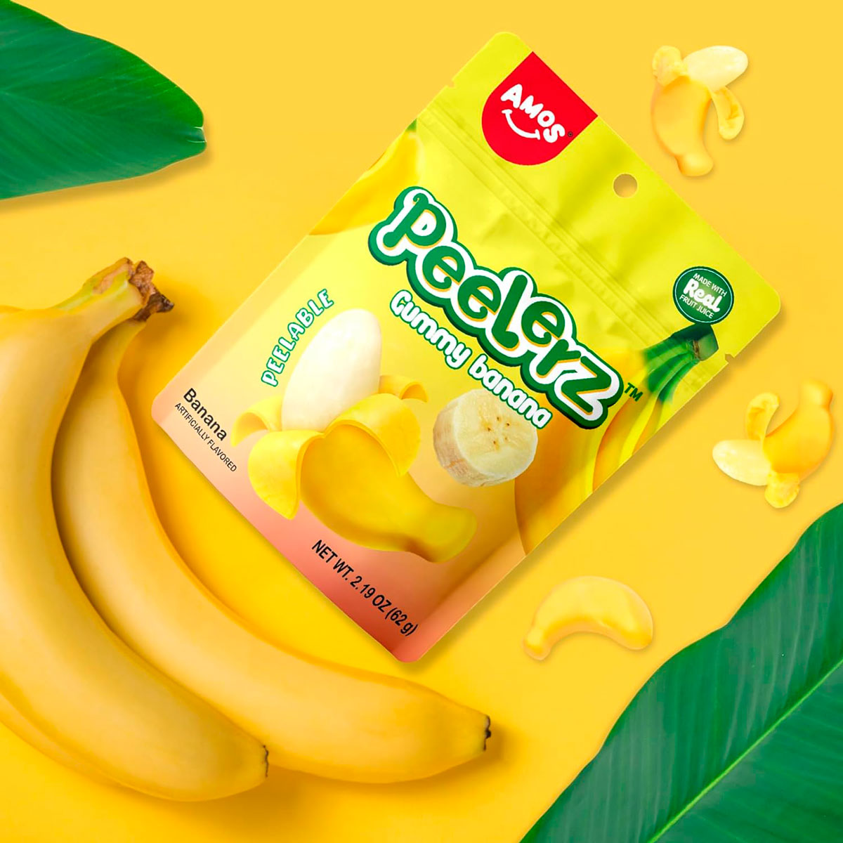 Gomitas Pelables en Forma y Sabor Plátano, Amos 62 gr.