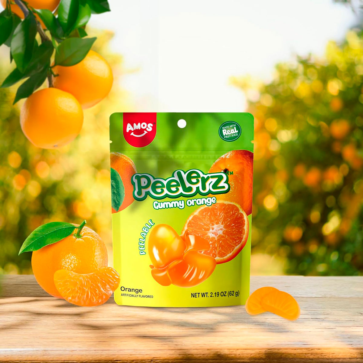 Gomitas Pelables en Forma y Sabor Naranja, Amos 62 gr.