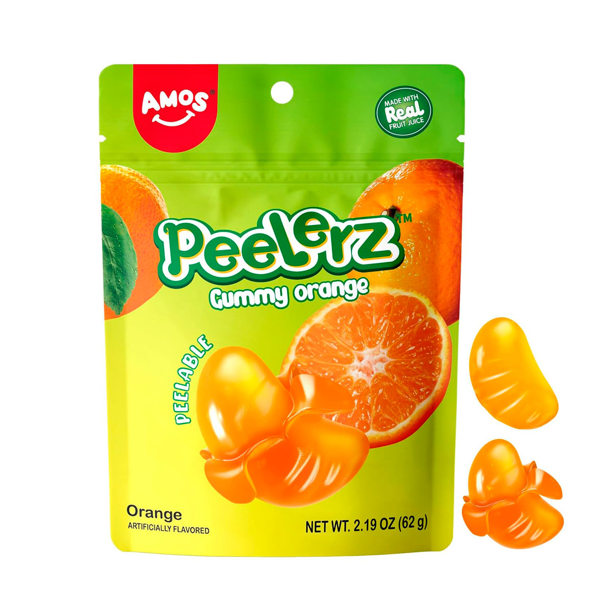 Gomitas Pelables en Forma y Sabor Naranja, Amos 62 gr.