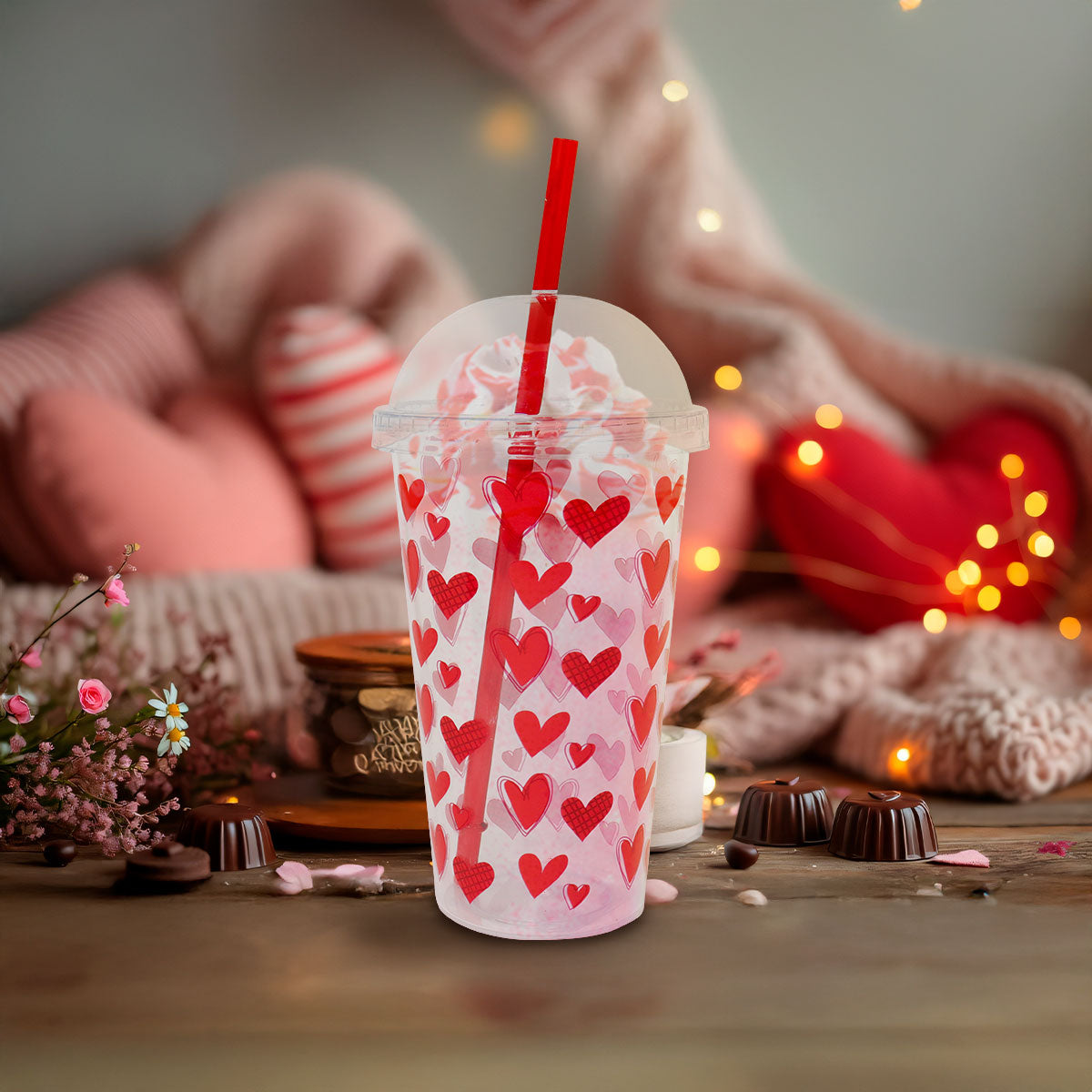 Vaso de Plástico Transparente con Diseño de Corazones, color Rojo
