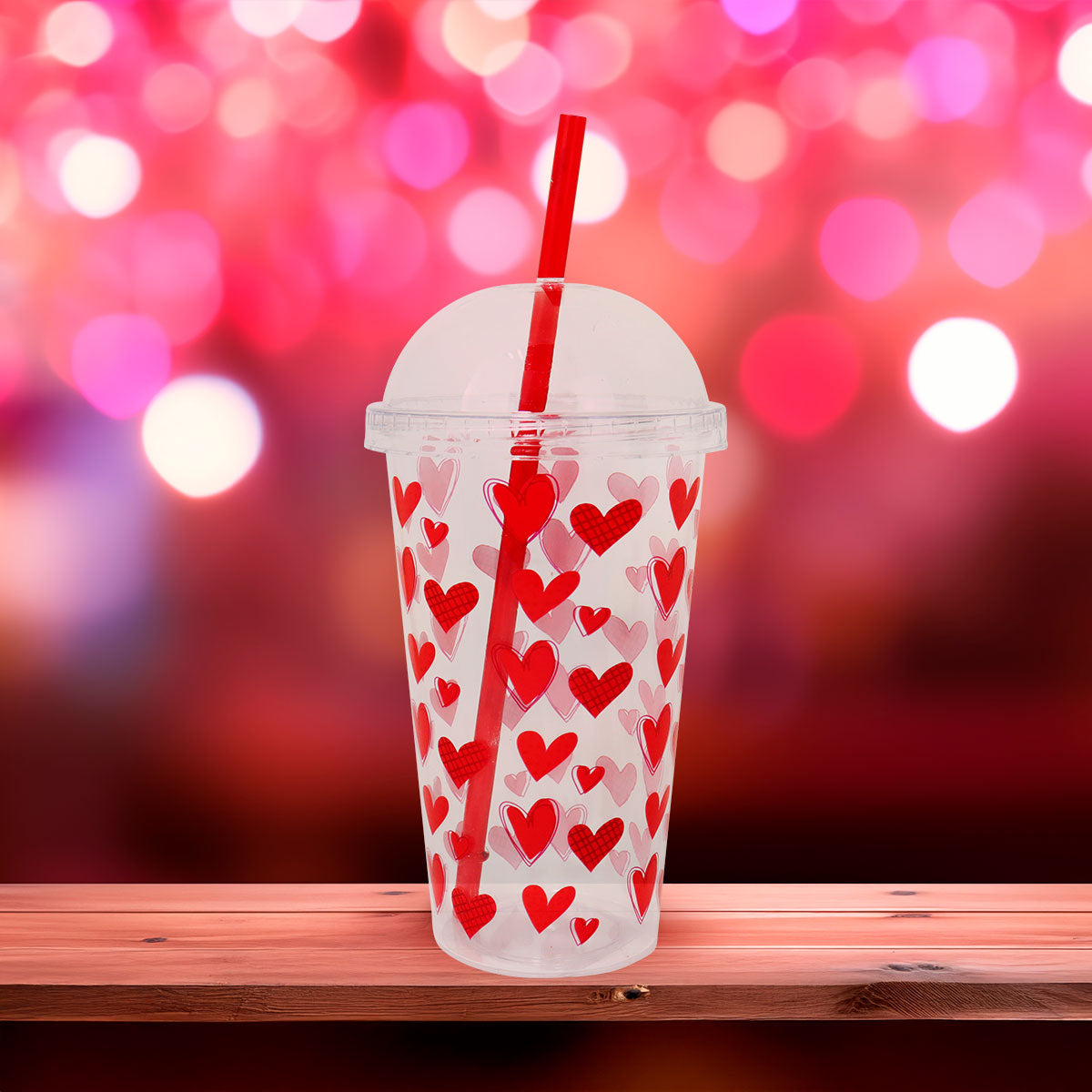 Vaso de Plástico Transparente con Diseño de Corazones, color Rojo