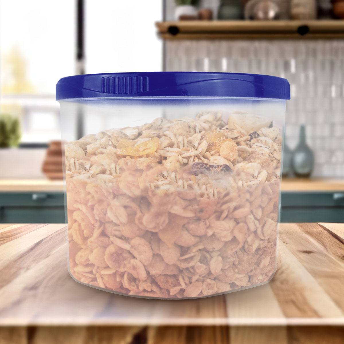 Contenedor Transparente Redondo, Tapa Color Azul, 1.2 L