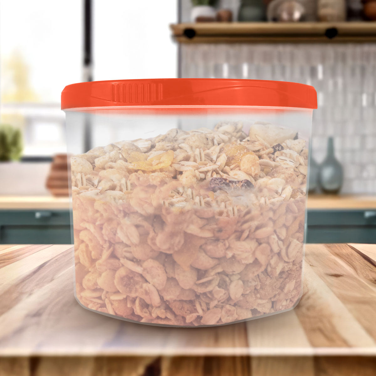 Contenedor Transparente Redondo, Tapa Color Naranja, 1.2 L