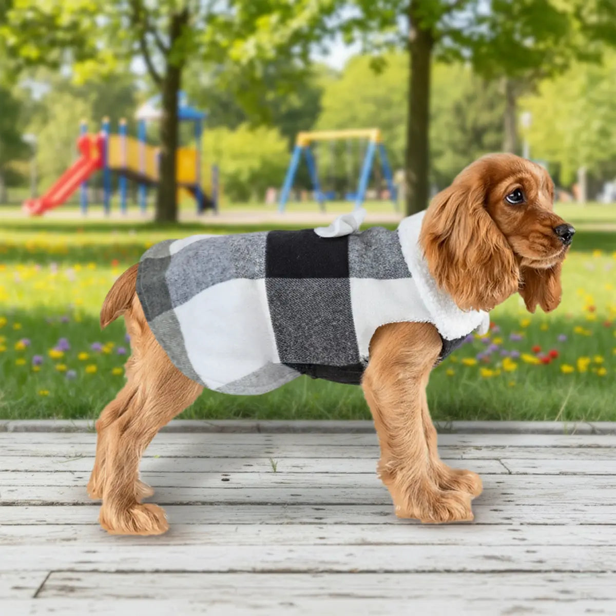 Vestido Invernal para Mascota, Diseño Cuadros, Color Negro y Blanco