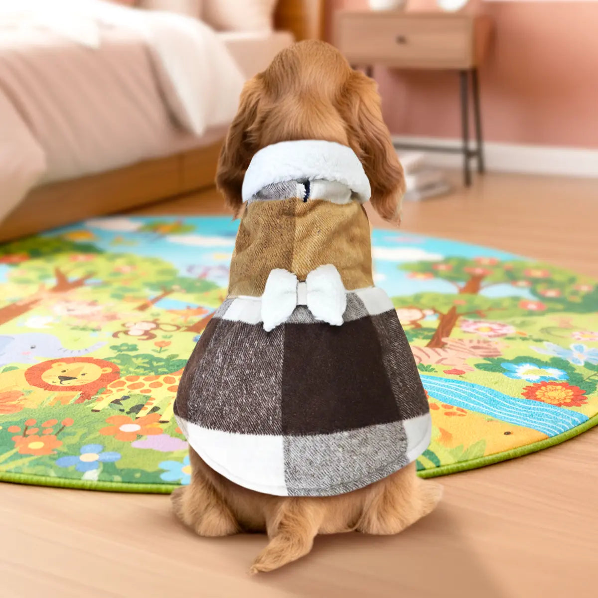 Vestido Invernal para Mascota, Diseño Cuadros, Color Blanco y Café