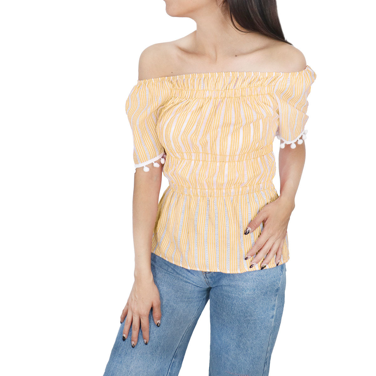 Blusa con Corte Campesino para Dama, color Amarillo