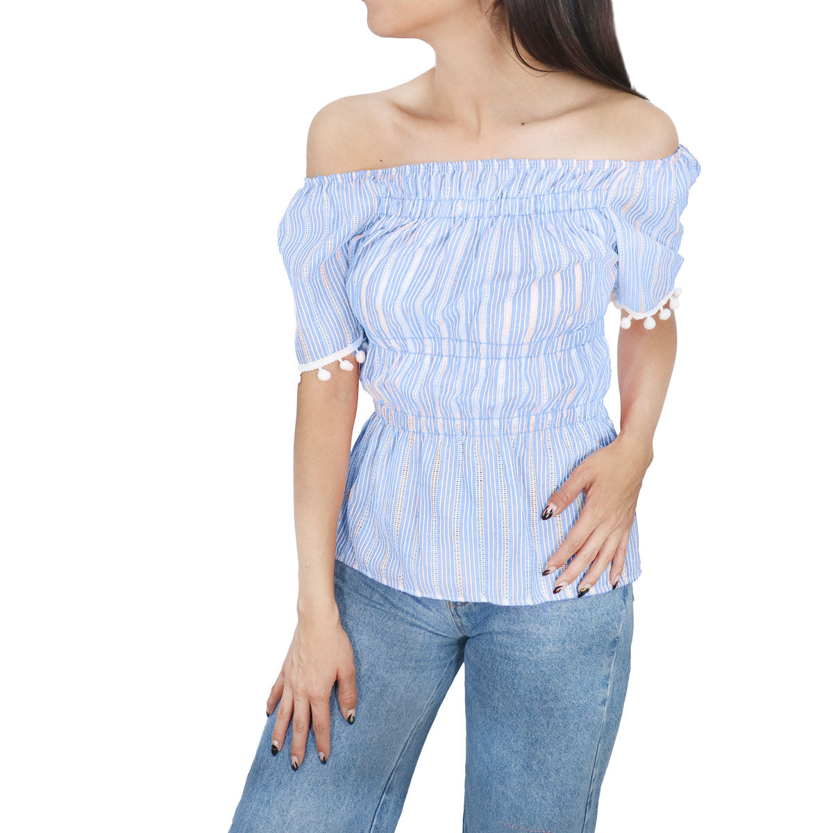 Blusa con Corte Campesino para Dama, color Azul Cielo