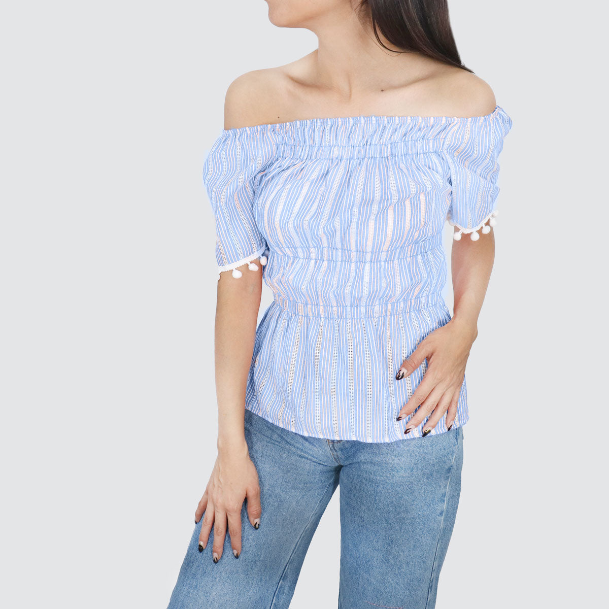 Blusa con Corte Campesino para Dama, color Azul Cielo