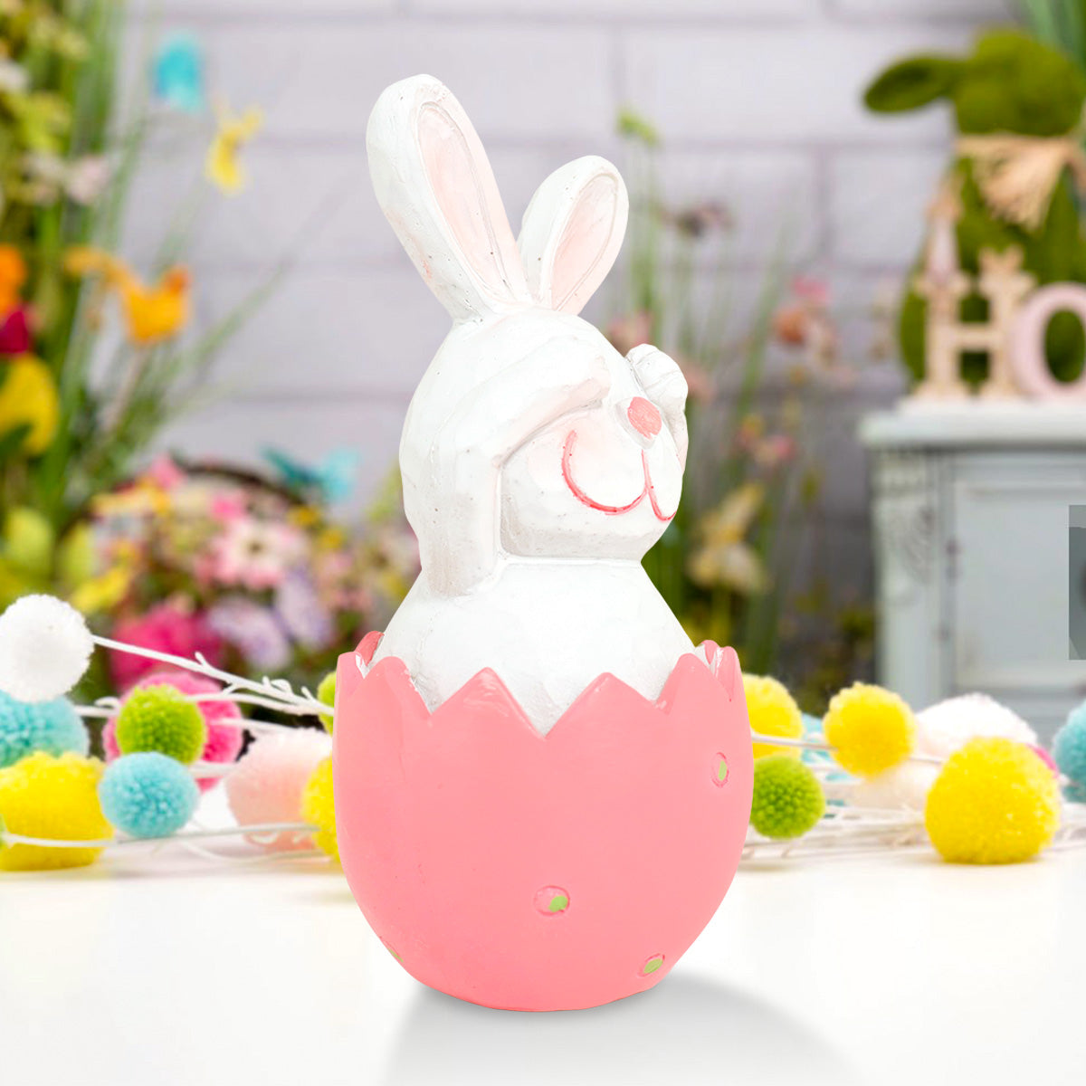 Decoración Conejo Saliendo de Huevo de Pascua, Color Rosa