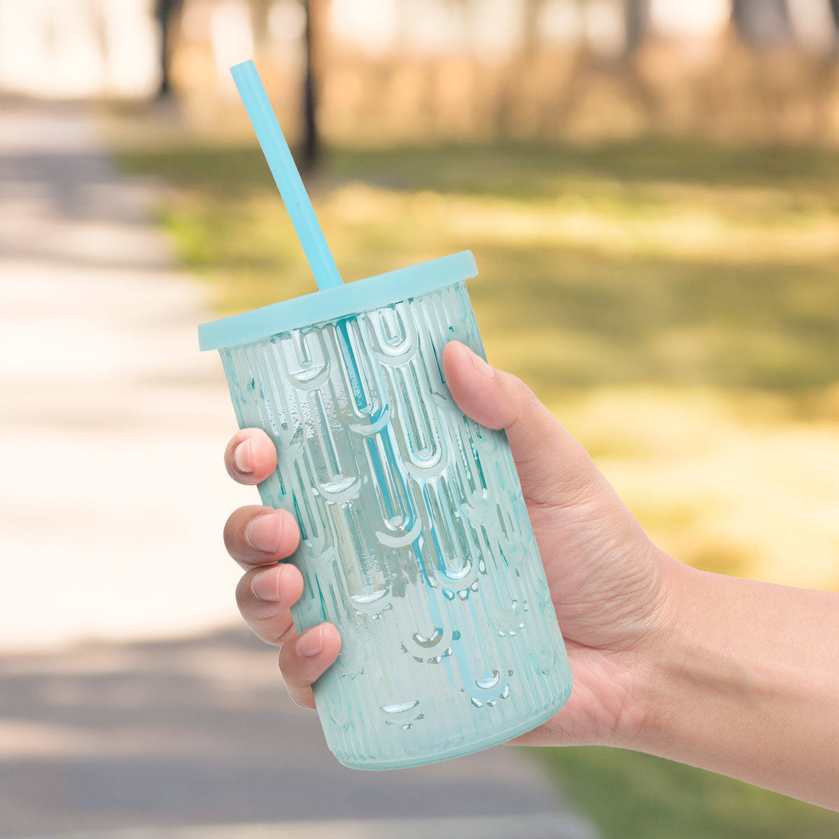 Vaso de Cristal con Tapa y Popote, Color Azul, 450 ml