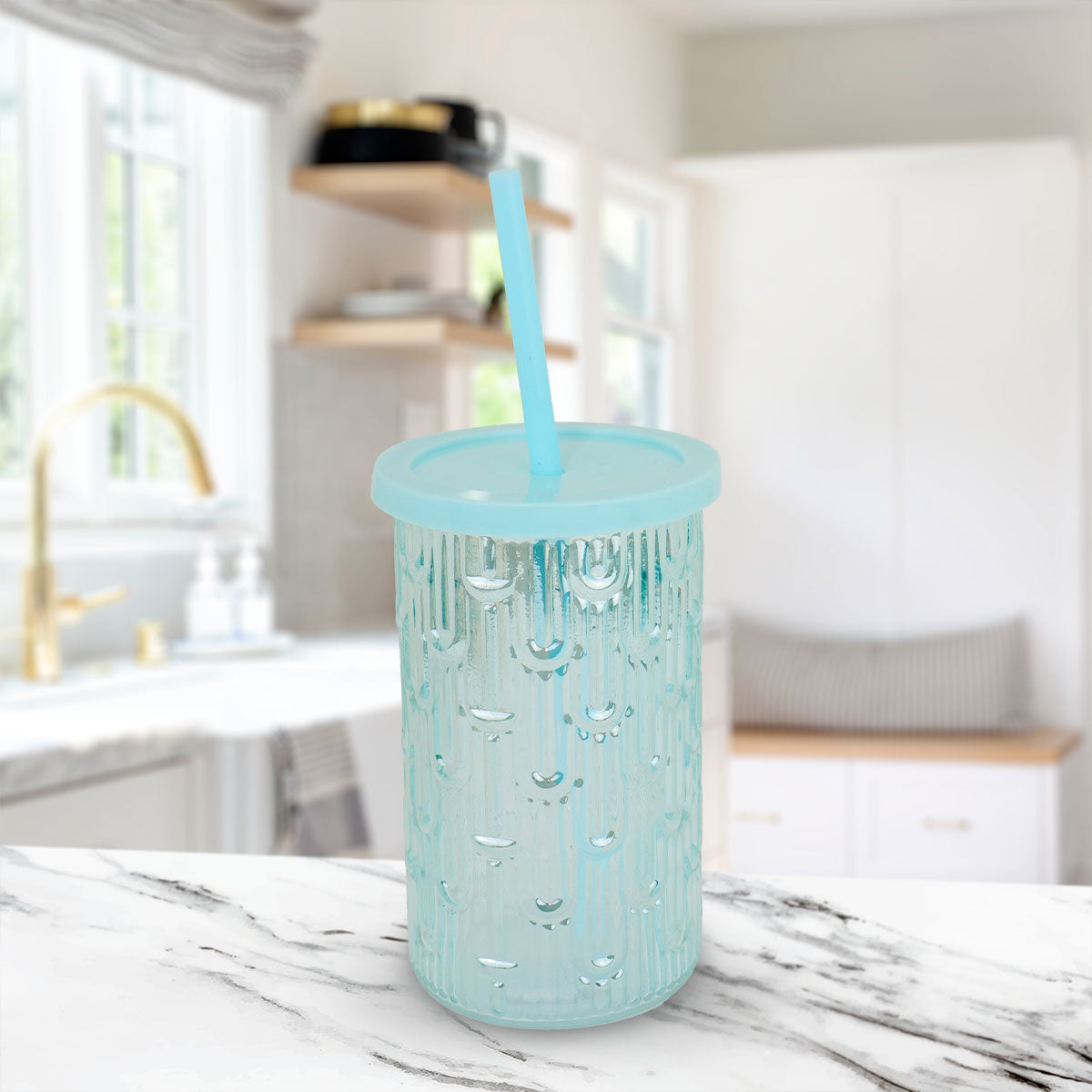 Vaso de Cristal con Tapa y Popote, Color Azul, 450 ml