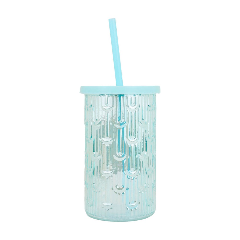 Vaso de Cristal con Tapa y Popote, Color Azul, 450 ml