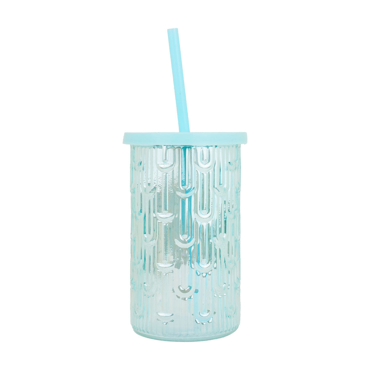 Vaso de Cristal con Tapa y Popote, Color Azul, 450 ml