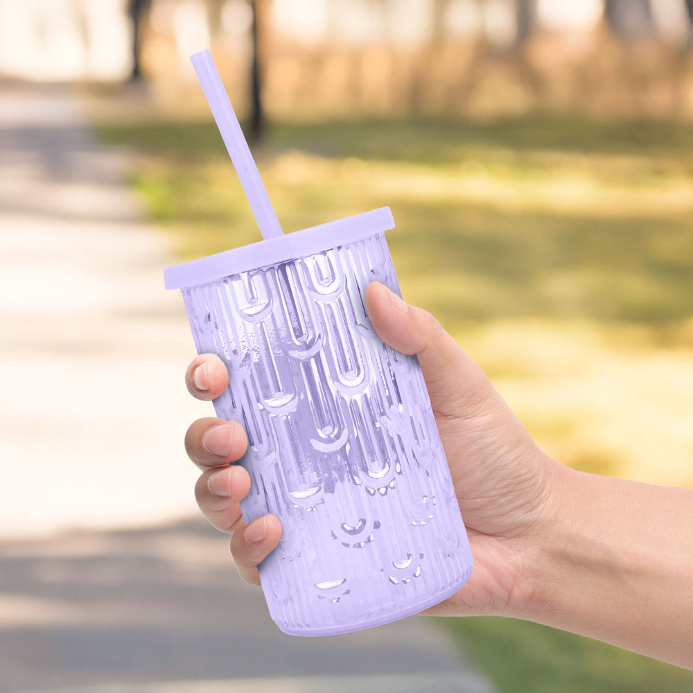 Vaso de Cristal con Tapa y Popote, Color Morado, 450 ml
