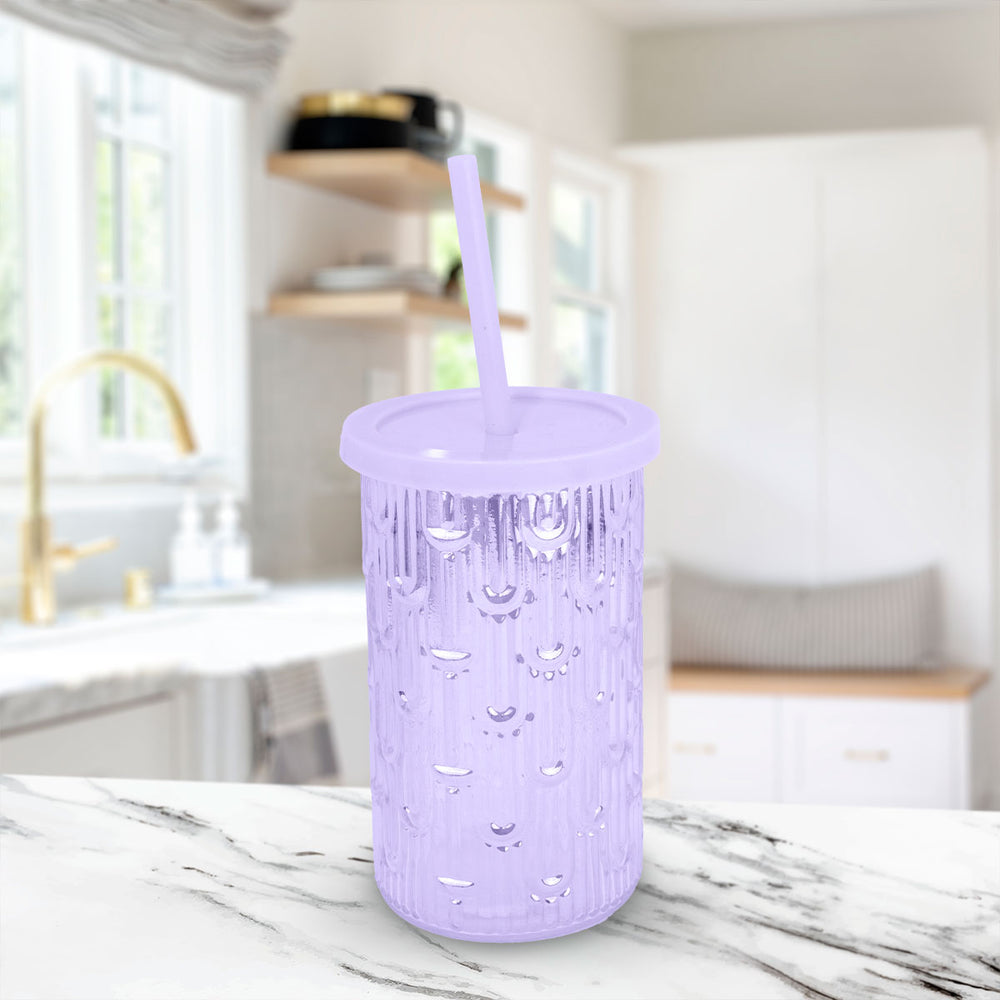 Vaso de Cristal con Tapa y Popote, Color Morado, 450 ml
