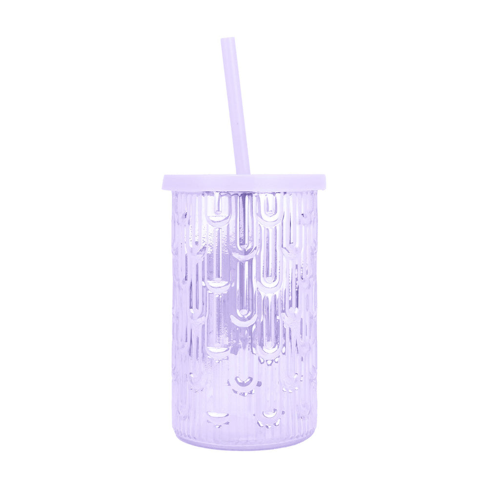 Vaso de Cristal con Tapa y Popote, Color Morado, 450 ml
