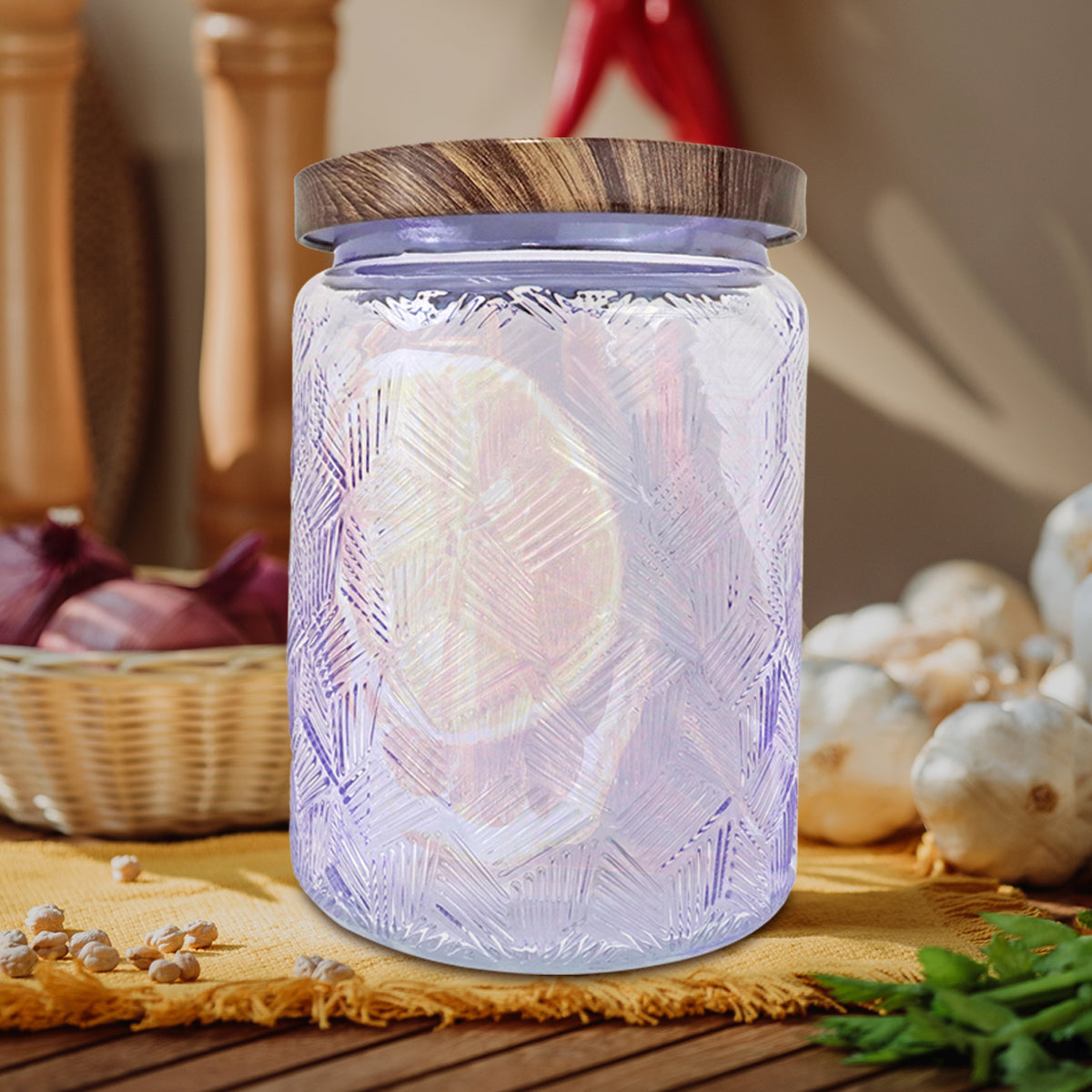 Frasco de Vidrio Texturizado con Tapa, Color Morado, Capacidad 700 ml