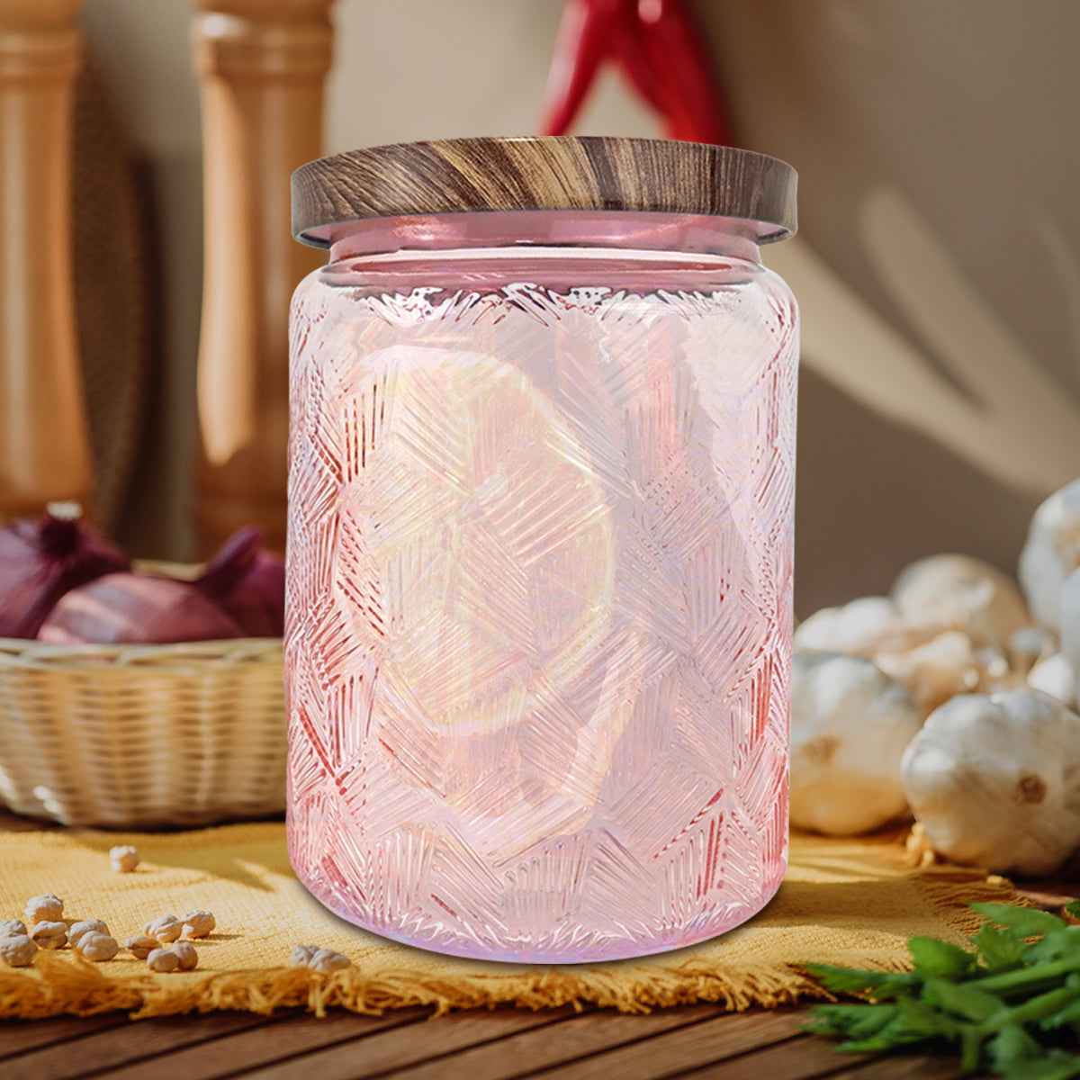 Frasco de Vidrio Texturizado con Tapa, Color Rosa, Capacidad 700 ml