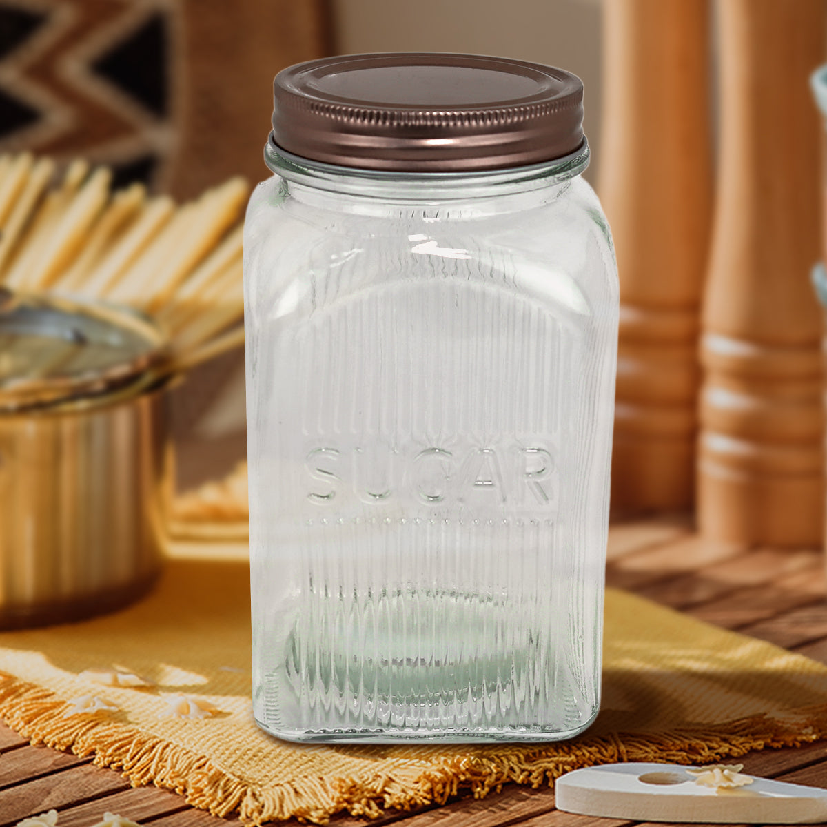 Frasco de Vidrio con Tapa, Texto "Sugar", Capacidad 1200 ml